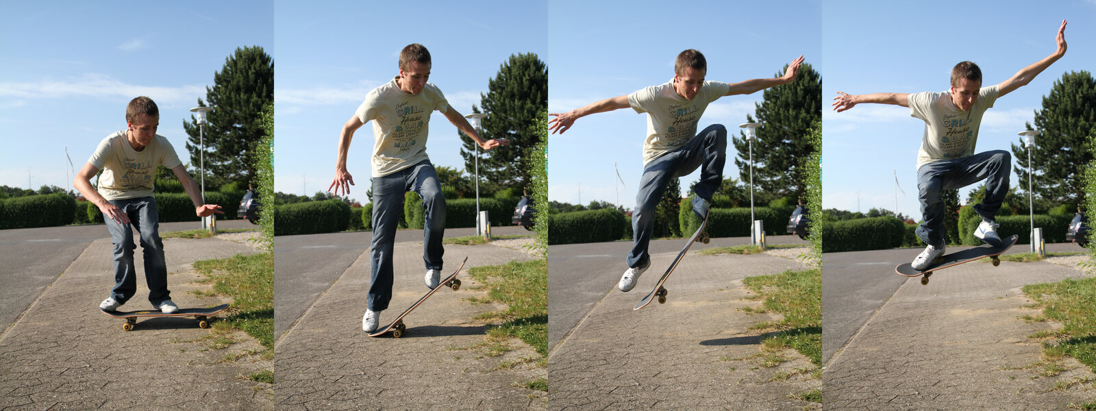 Séquence d'un ollie en quatre temps : le pied avant glisse sur le grip vers le nose et use le côté de la chaussure