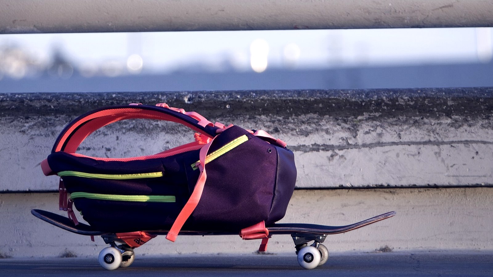 Sac de skate posé sur une planche, sangles apparentes : le critère que les sacs mode zappent