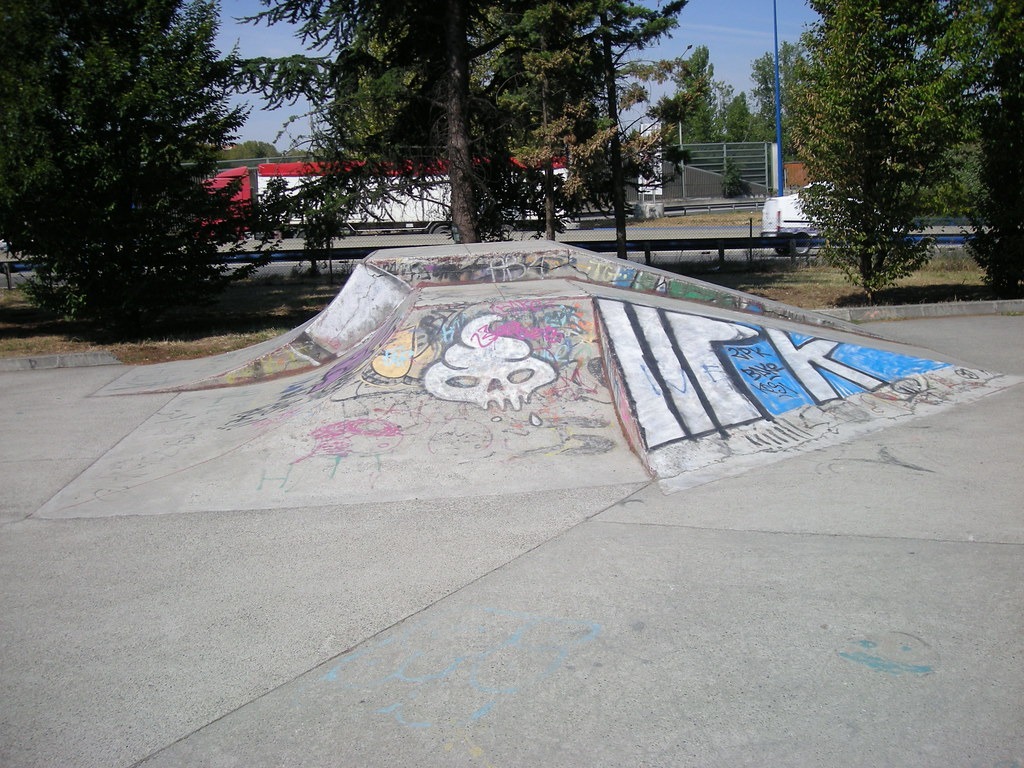 Module en béton couvert de graffitis dans un skatepark gratuit de Toulouse, en bord de rocade