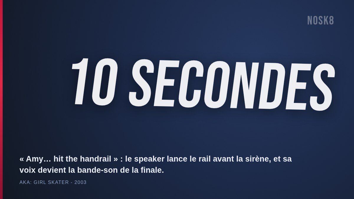 10 secondes : le speaker lance « Amy… hit the handrail » pendant la finale du Gallaz Skate Jam