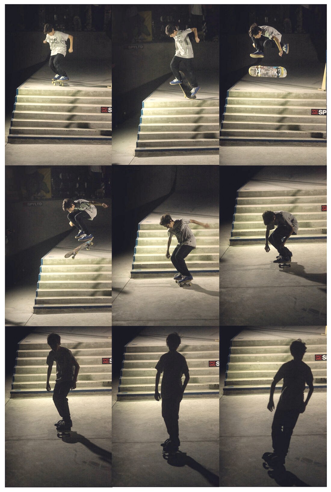 Les étapes de l'inward heelflip en séquence : Emerson Sassi en nollie inward heel au-dessus d'un escalier de nuit