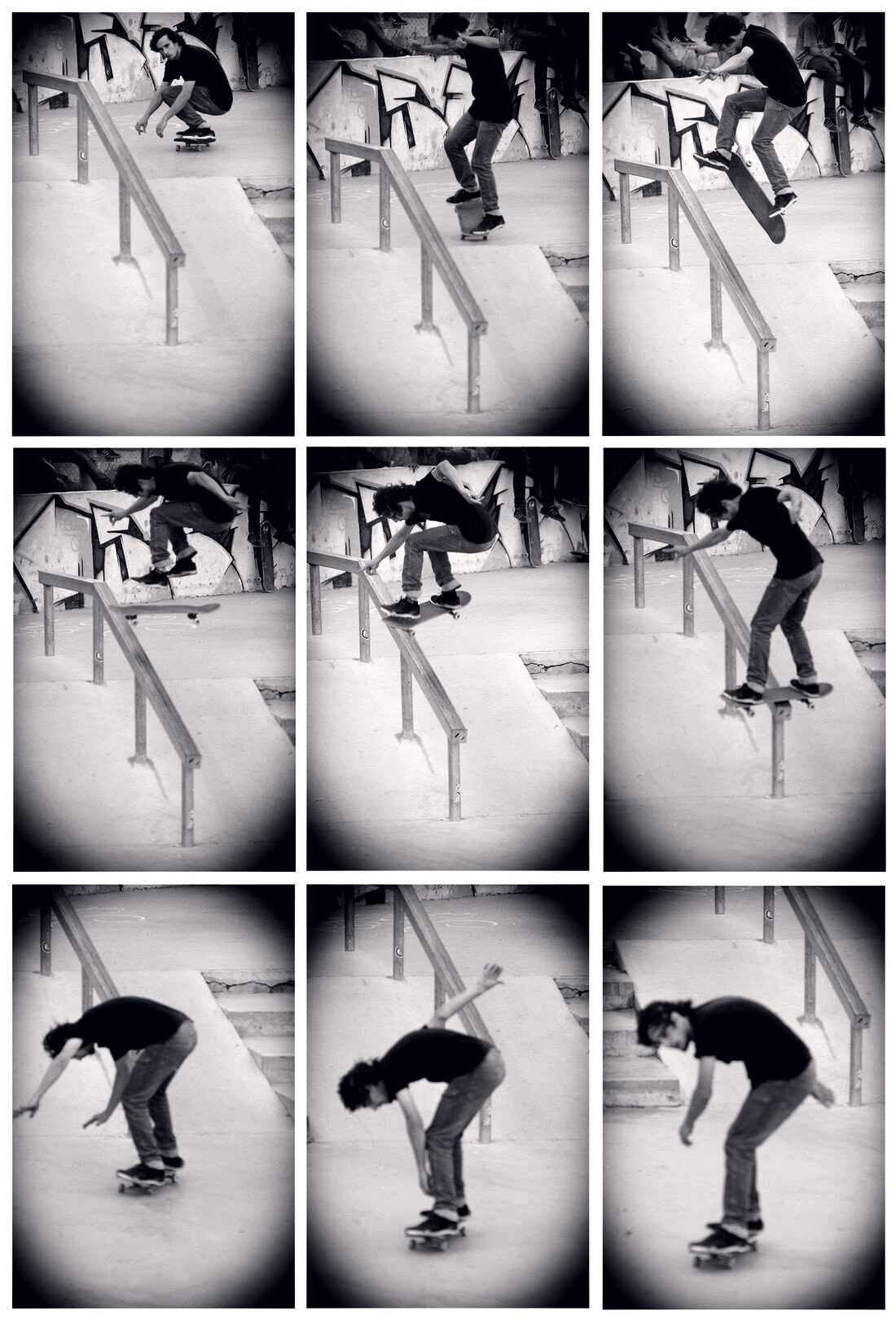 Séquence d'un nollie inward heel de Javier Sanchez en entrée de boardslide sur une rampe, en 2014