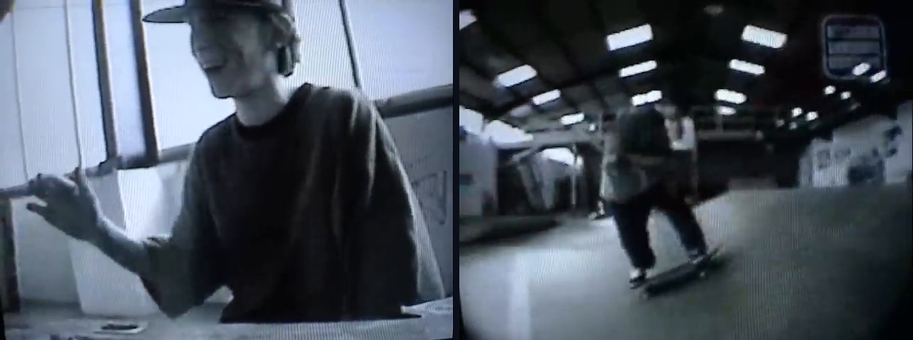 Tom Penny à 16 ans, casquette sur la tête, en interview puis en skate dans le hangar de Radlands, images du 411 Video Magazine n°2 (1993)