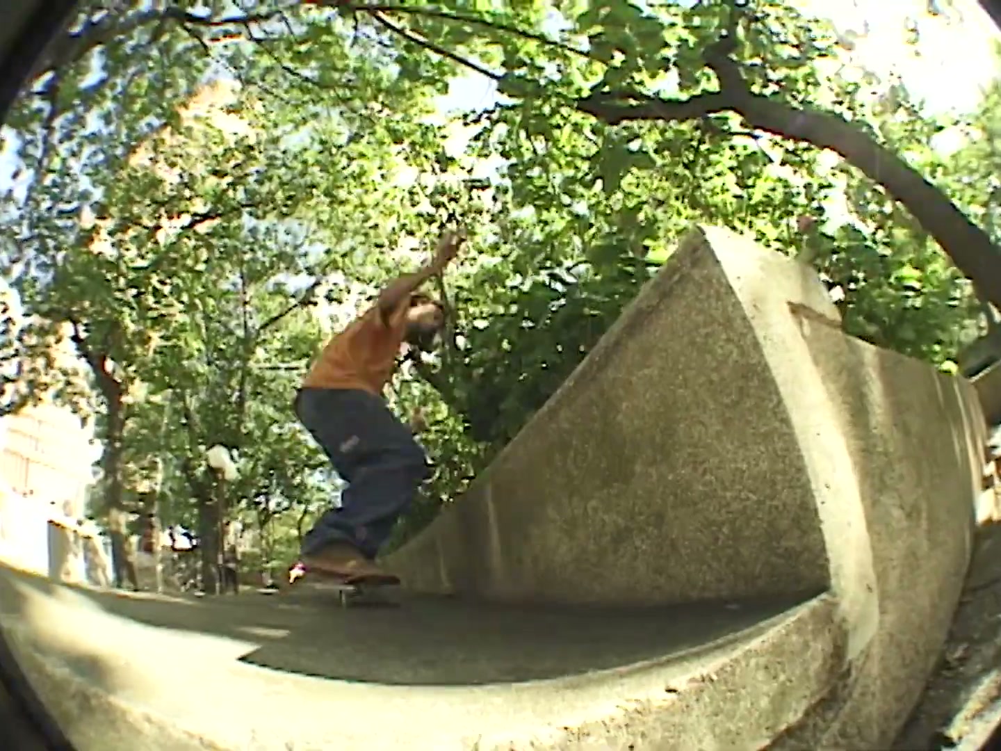 Tom Penny en bluntslide sur un muret de béton incliné sous les arbres, partie Flip Really Sorry (2003)