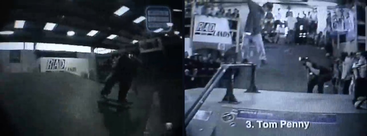 Bannière Radlands et Tom Penny sur la barre devant le public, avec l&rsquo;incrustation « 3. Tom Penny », compétition de Northampton 1993