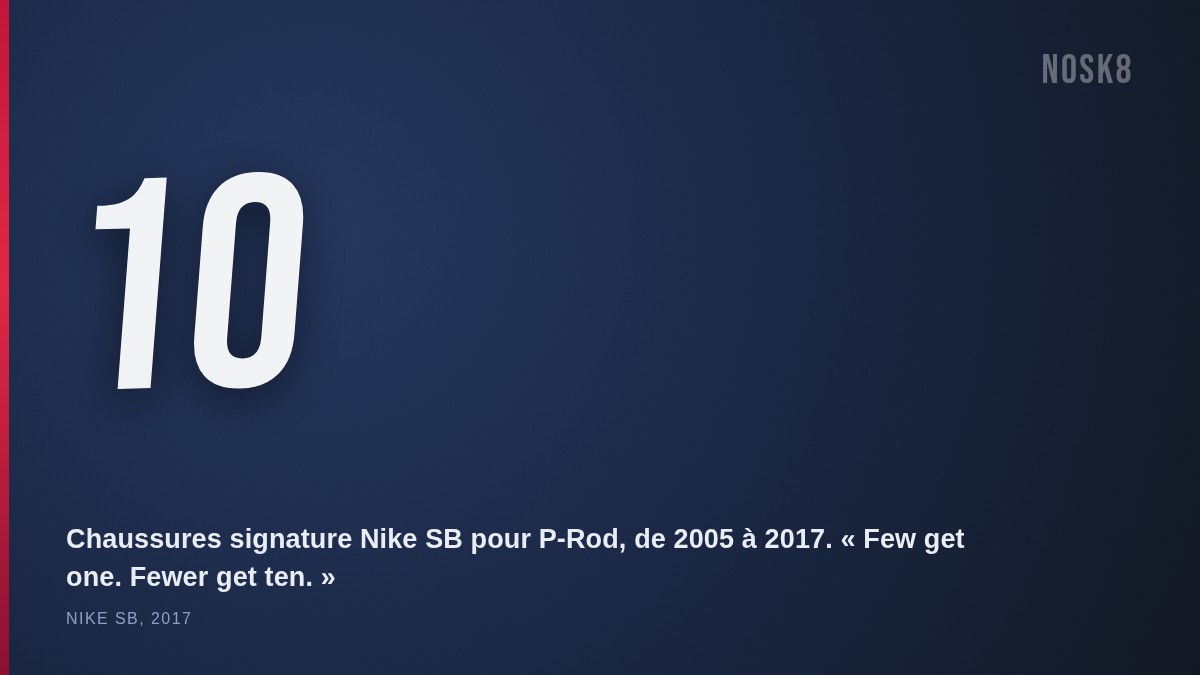 Encart : 10 chaussures signature Nike SB pour Paul Rodriguez, de la P-Rod 1 en 2005 à la P-Rod 10 en 2017